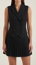 Kimberly Blazer Vest Skirt Set — Women’s Double-Breasted Gold Button Sleeveless Blazer & Pleated Mini Skirt Outfit