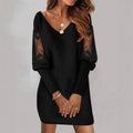 Women’s Lace Mini Dress – V-Neck Puff Sleeve Elegant Romantic Party Dress