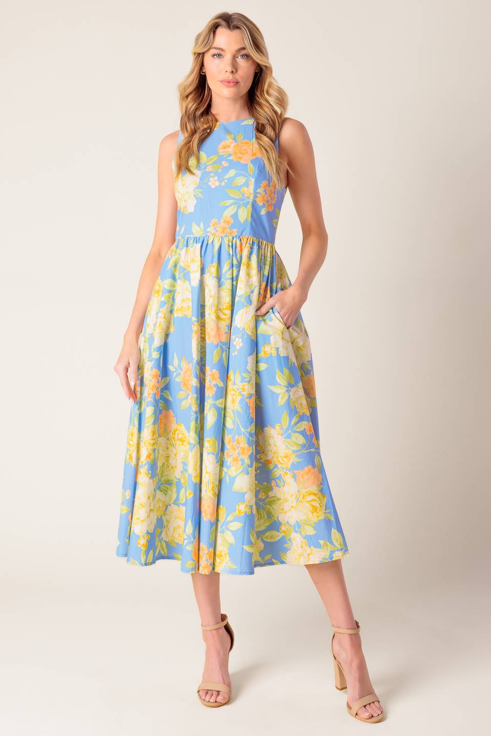 Powder Blue Floral Print Open Back Woven Midi Dress