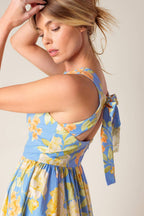 Powder Blue Floral Print Open Back Woven Midi Dress