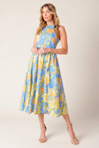 Powder Blue Floral Print Open Back Woven Midi Dress