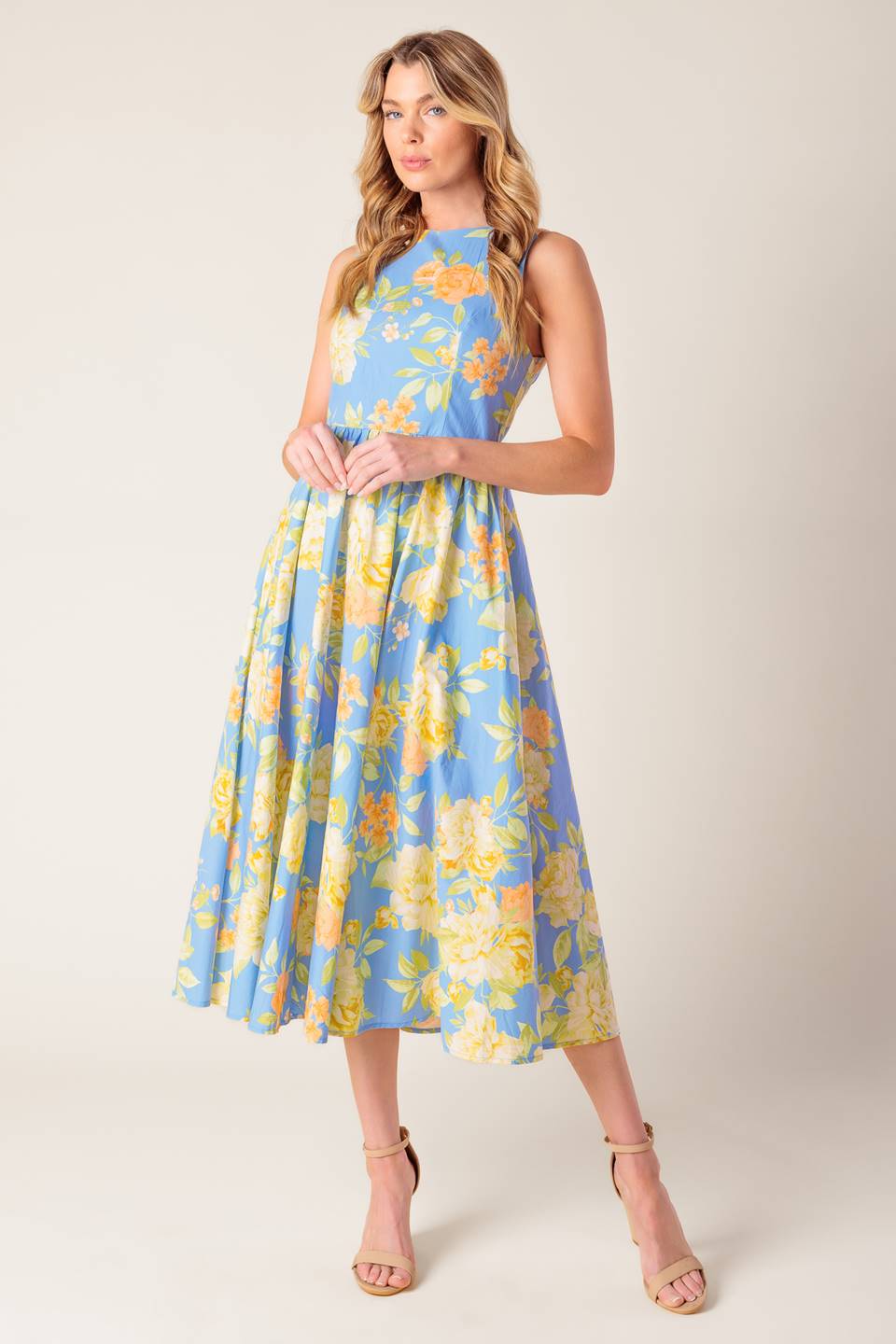 Powder Blue Floral Print Open Back Woven Midi Dress