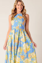 Powder Blue Floral Print Open Back Woven Midi Dress