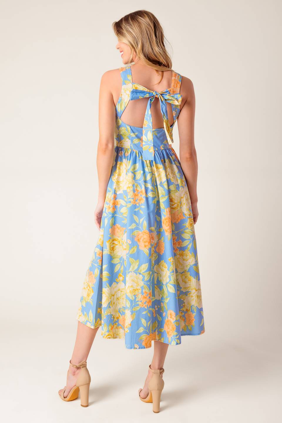 Powder Blue Floral Print Open Back Woven Midi Dress