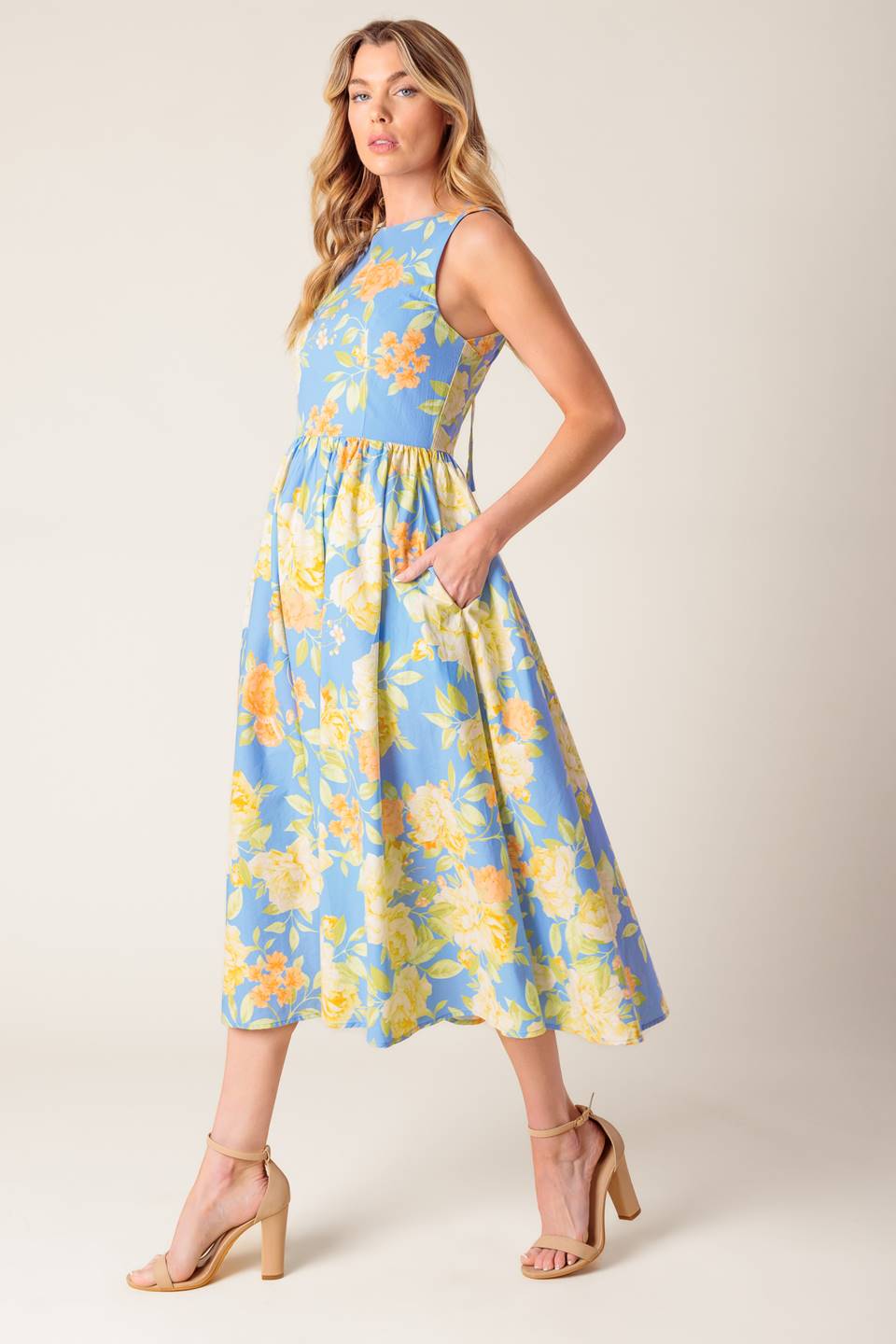 Powder Blue Floral Print Open Back Woven Midi Dress