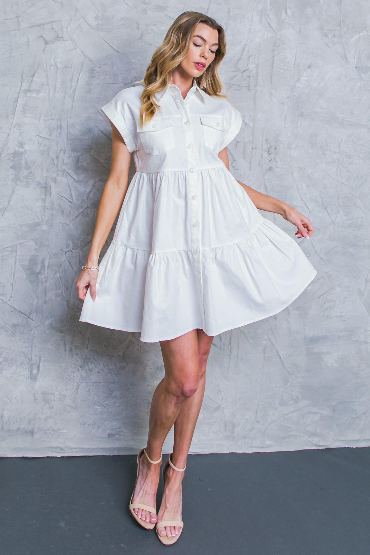 Women’s Denim Mini Shirt Dress with Collar, Tiered Body Design & Front Pockets