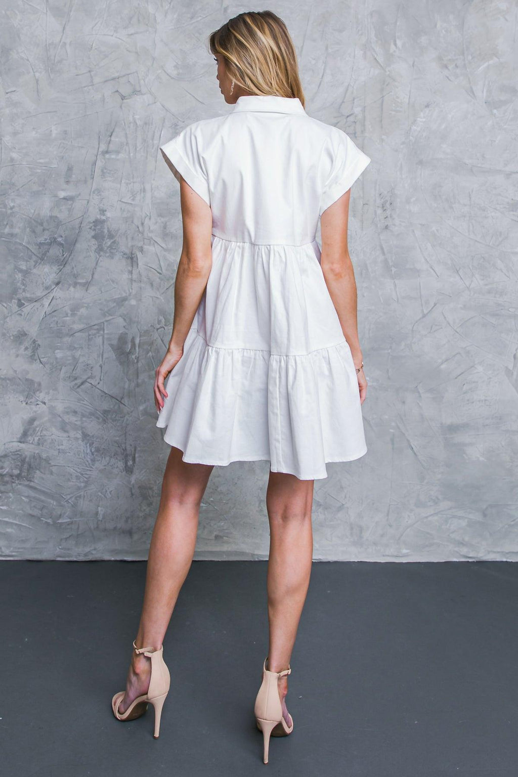 Women’s Denim Mini Shirt Dress with Collar, Tiered Body Design & Front Pockets