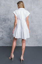 Women’s Denim Mini Shirt Dress with Collar, Tiered Body Design & Front Pockets