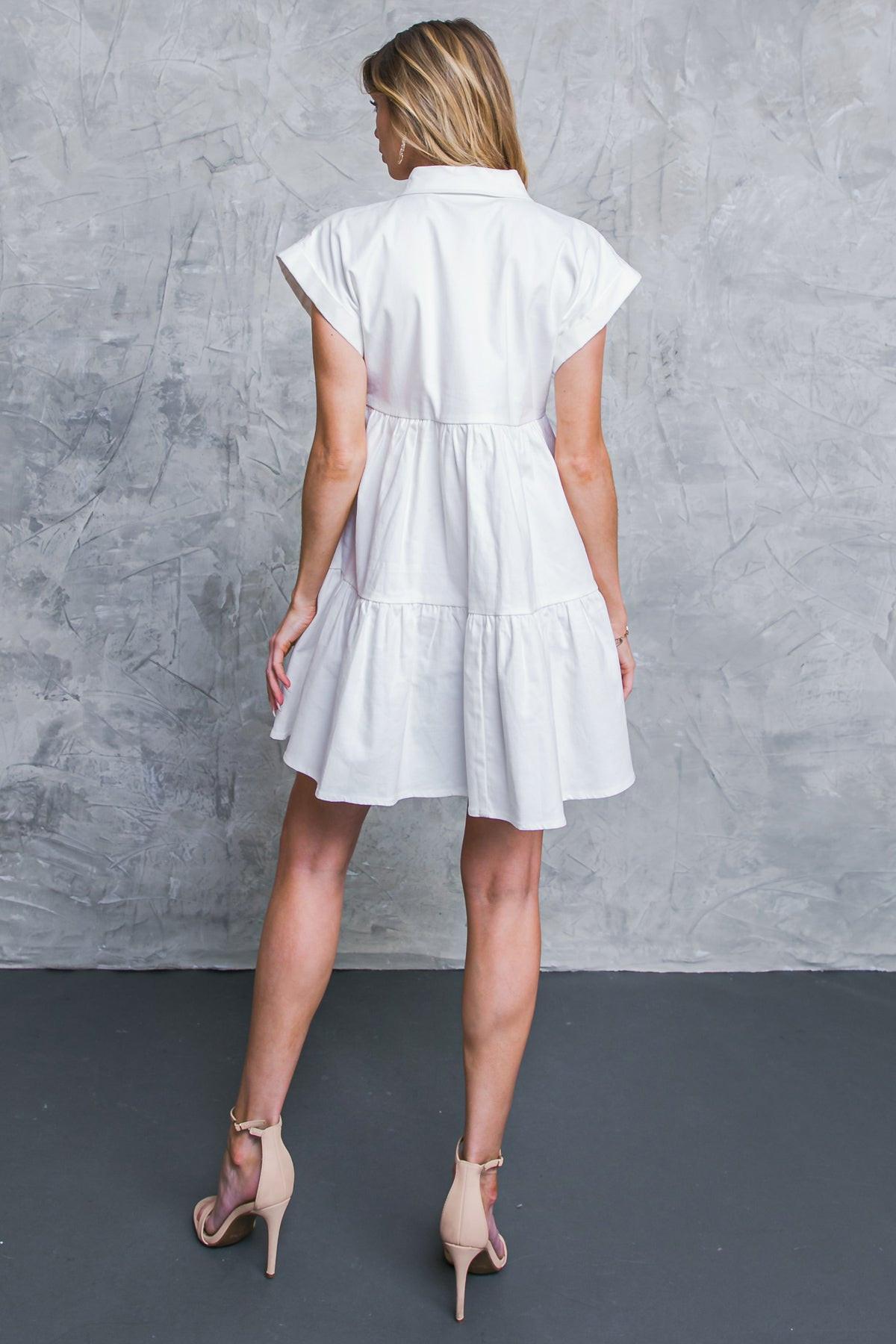 Women’s Denim Mini Shirt Dress with Collar, Tiered Body Design & Front Pockets