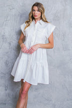 Women’s Denim Mini Shirt Dress with Collar, Tiered Body Design & Front Pockets
