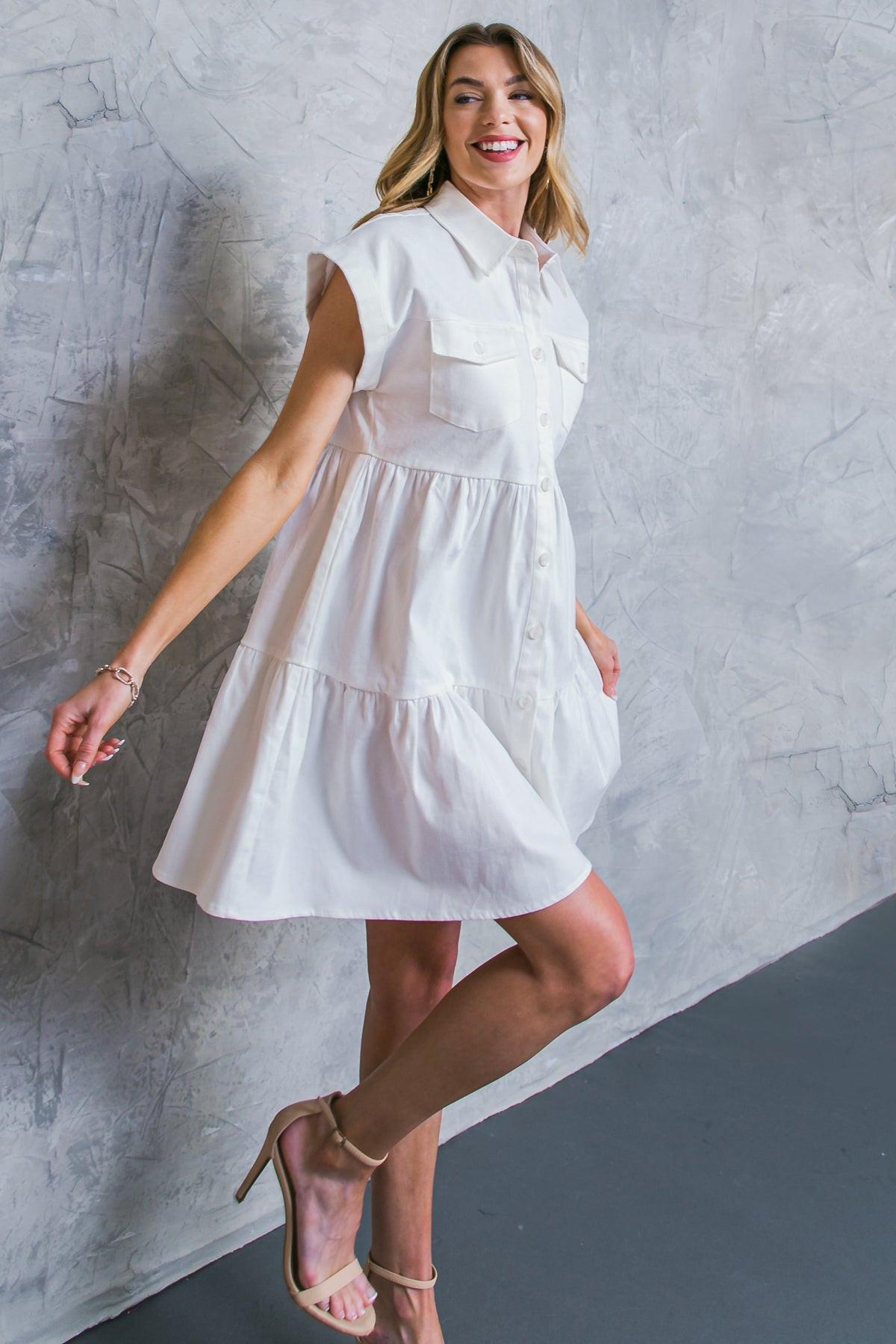 Women’s Denim Mini Shirt Dress with Collar, Tiered Body Design & Front Pockets
