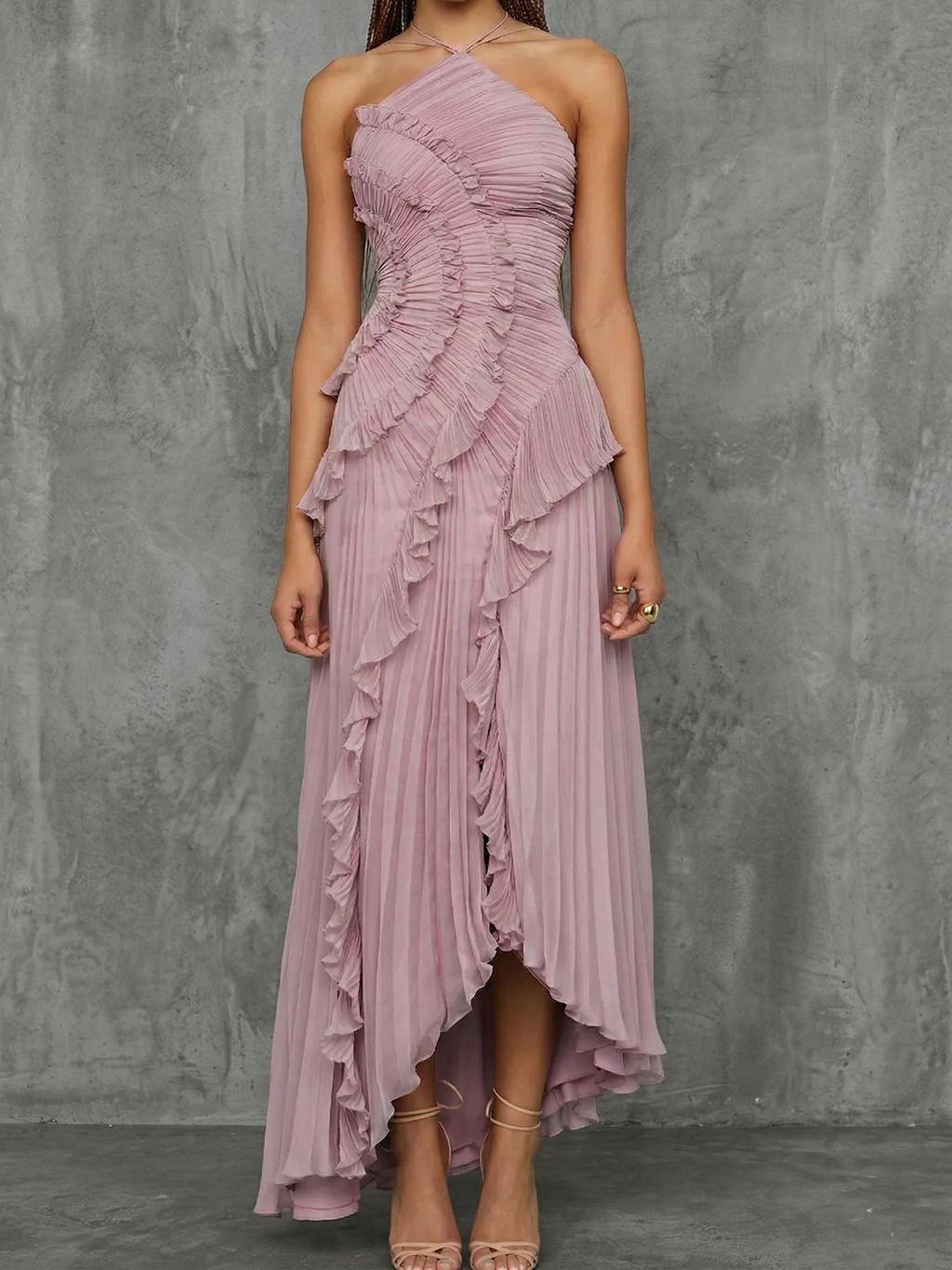 Women’s Lilac Halter Maxi Dress – Draped Asymmetrical Elegant Flowing Gown