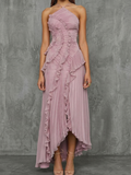 Women’s Lilac Halter Maxi Dress – Draped Asymmetrical Elegant Flowing Gown