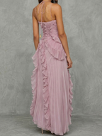 Women’s Lilac Halter Maxi Dress – Draped Asymmetrical Elegant Flowing Gown