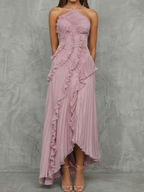 Women’s Lilac Halter Maxi Dress – Draped Asymmetrical Elegant Flowing Gown