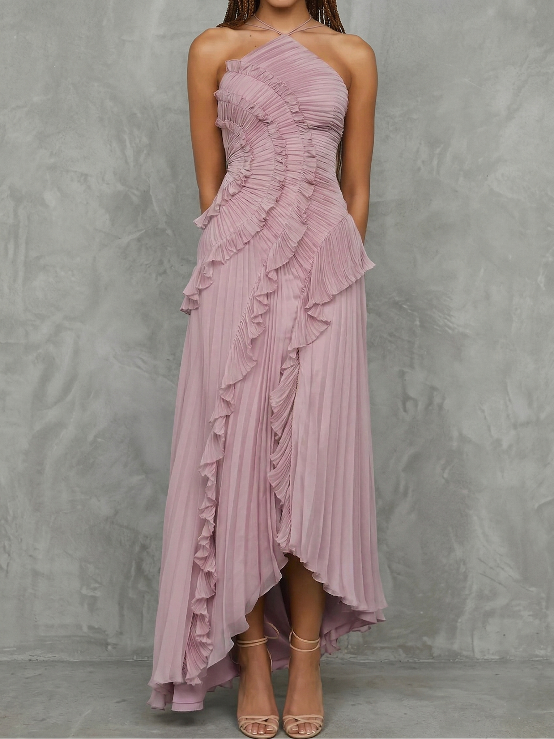 Women’s Lilac Halter Maxi Dress – Draped Asymmetrical Elegant Flowing Gown