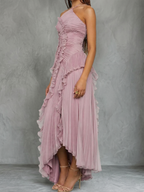 Women’s Lilac Halter Maxi Dress – Draped Asymmetrical Elegant Flowing Gown