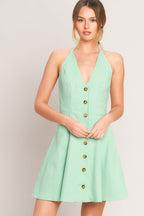 Solid Halter Button-Down Woven Mini Dress