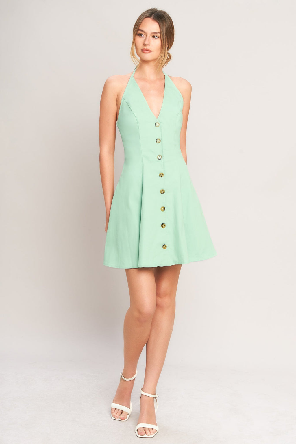 Solid Halter Button-Down Woven Mini Dress