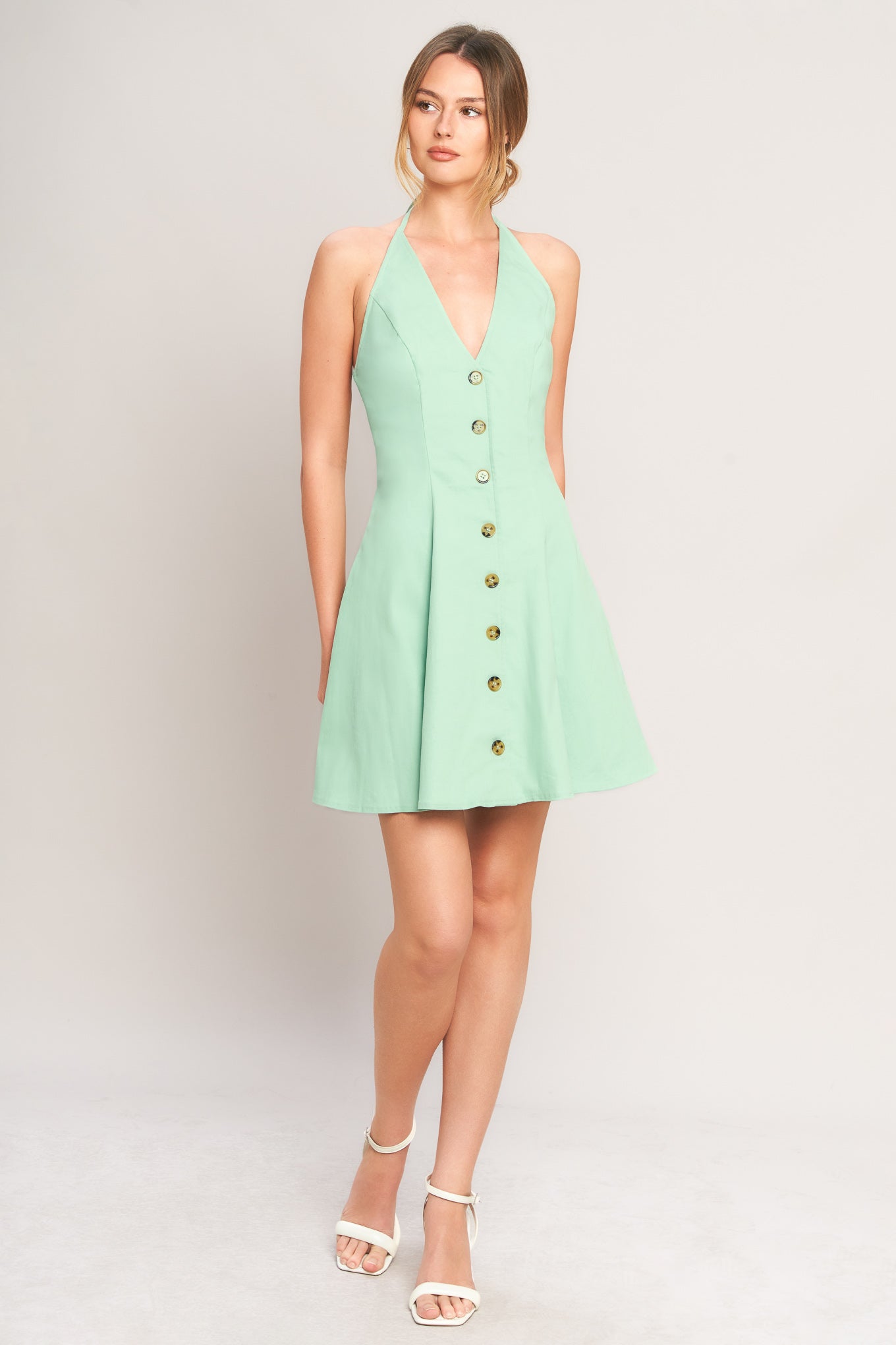 Solid Halter Button-Down Woven Mini Dress