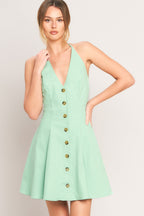 Solid Halter Button-Down Woven Mini Dress