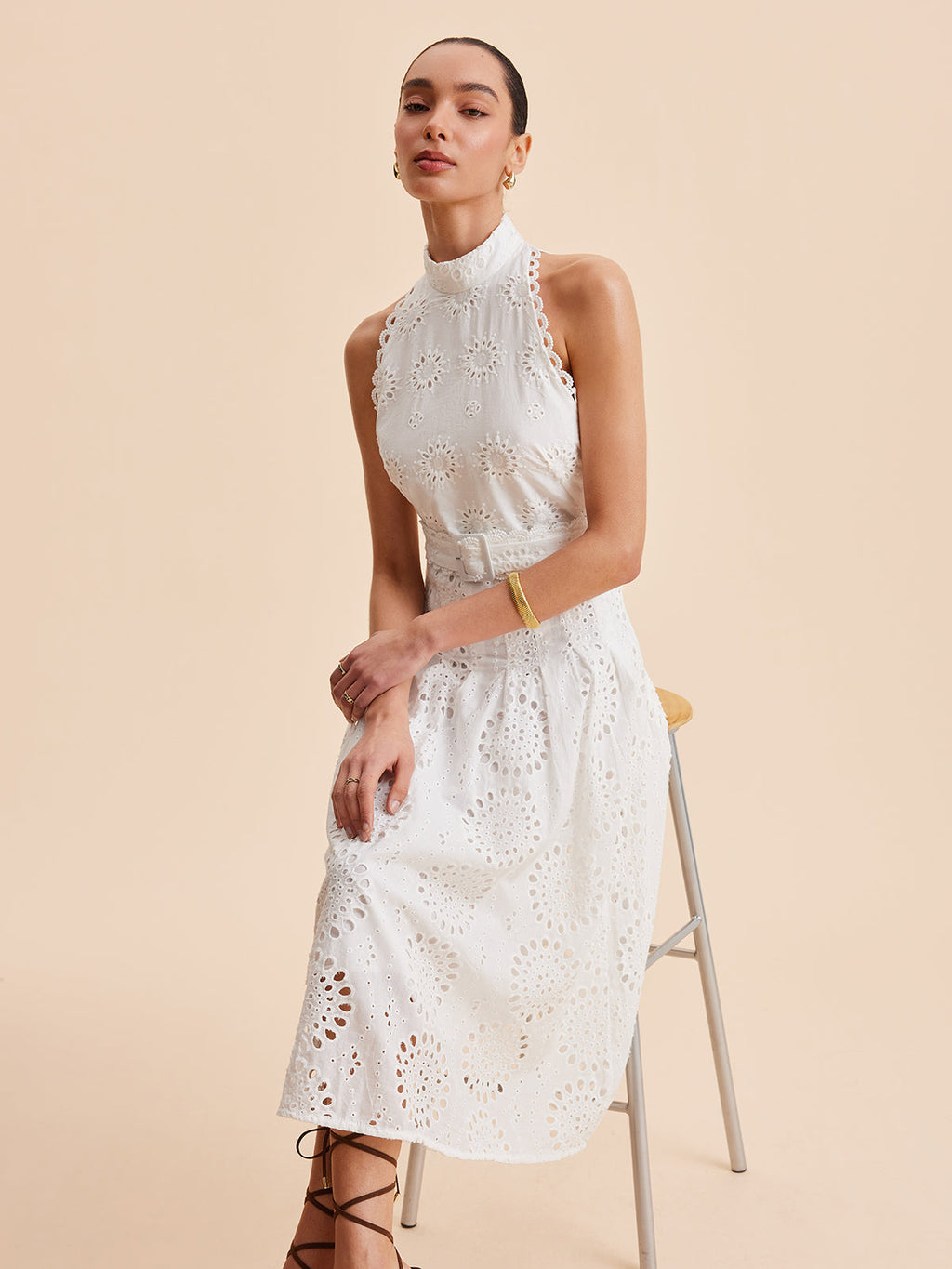 Women’s Embroidered Belted Mock Neck Maxi Dress – Cotton Blend Elegant Work & Vacation Dress