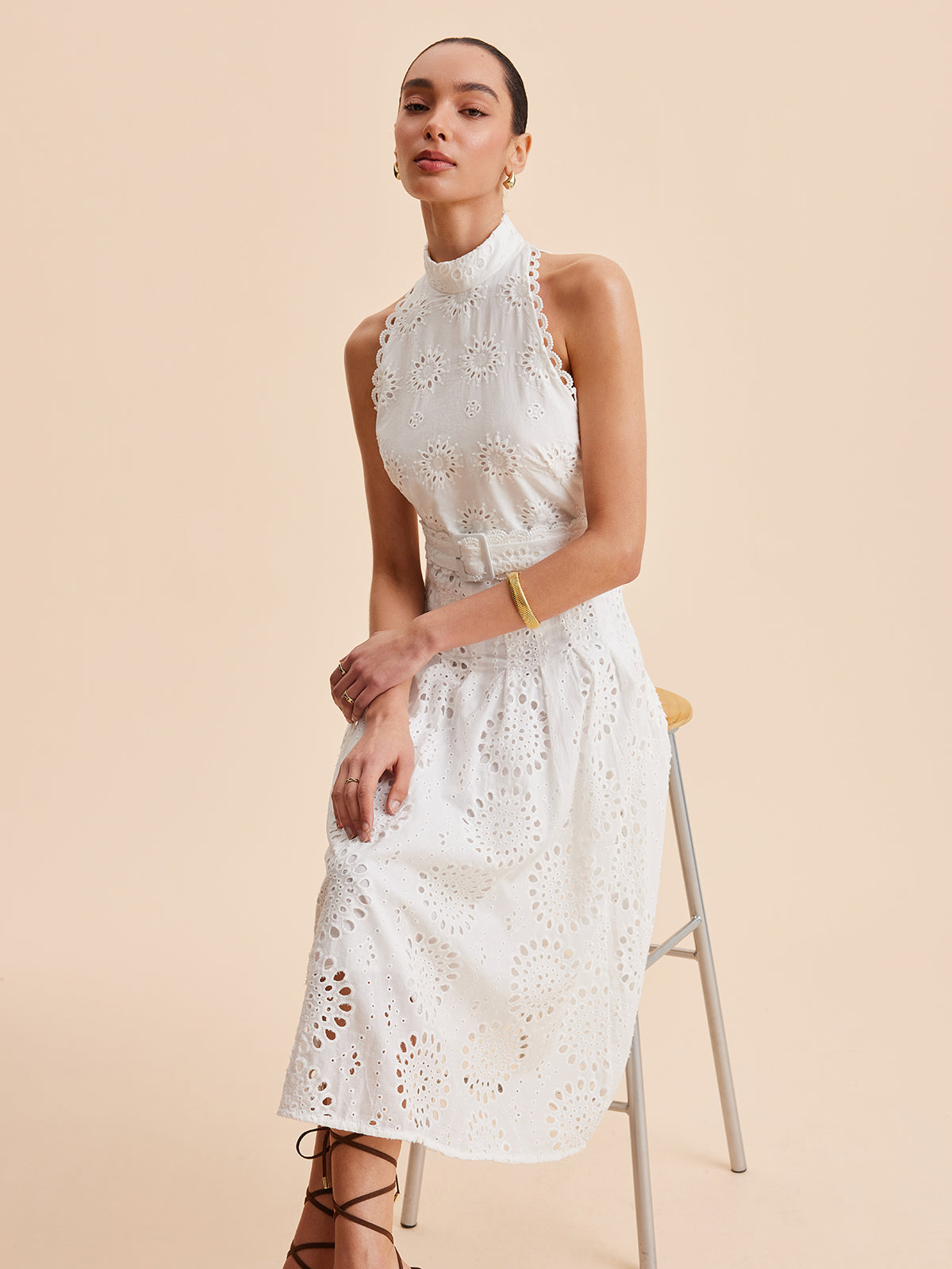Women’s Embroidered Belted Mock Neck Maxi Dress – Cotton Blend Elegant Work & Vacation Dress