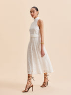 Women’s Embroidered Belted Mock Neck Maxi Dress – Cotton Blend Elegant Work & Vacation Dress