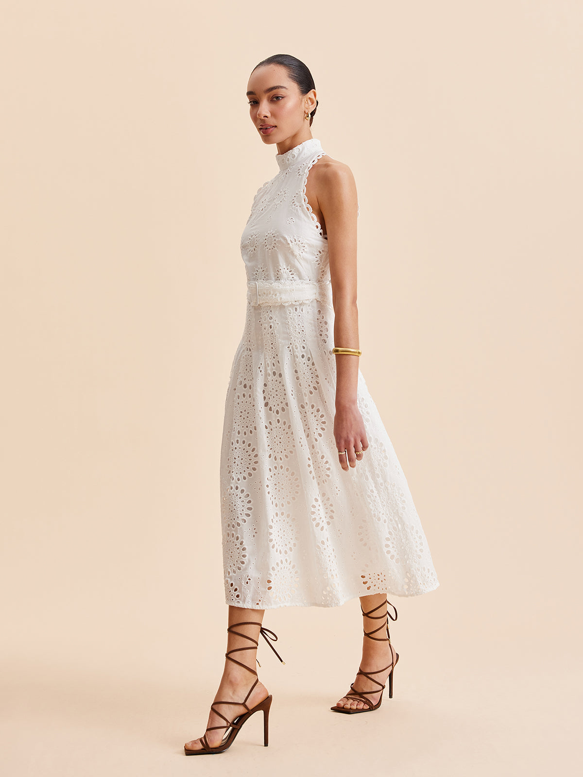 Women’s Embroidered Belted Mock Neck Maxi Dress – Cotton Blend Elegant Work & Vacation Dress