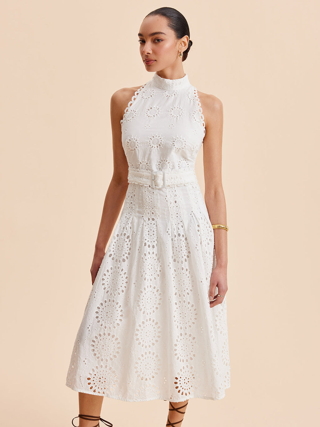 Women’s Embroidered Belted Mock Neck Maxi Dress – Cotton Blend Elegant Work & Vacation Dress