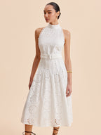 Women’s Embroidered Belted Mock Neck Maxi Dress – Cotton Blend Elegant Work & Vacation Dress