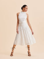 Women’s Embroidered Belted Mock Neck Maxi Dress – Cotton Blend Elegant Work & Vacation Dress