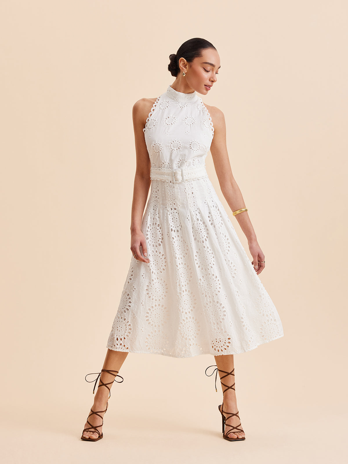Women’s Embroidered Belted Mock Neck Maxi Dress – Cotton Blend Elegant Work & Vacation Dress