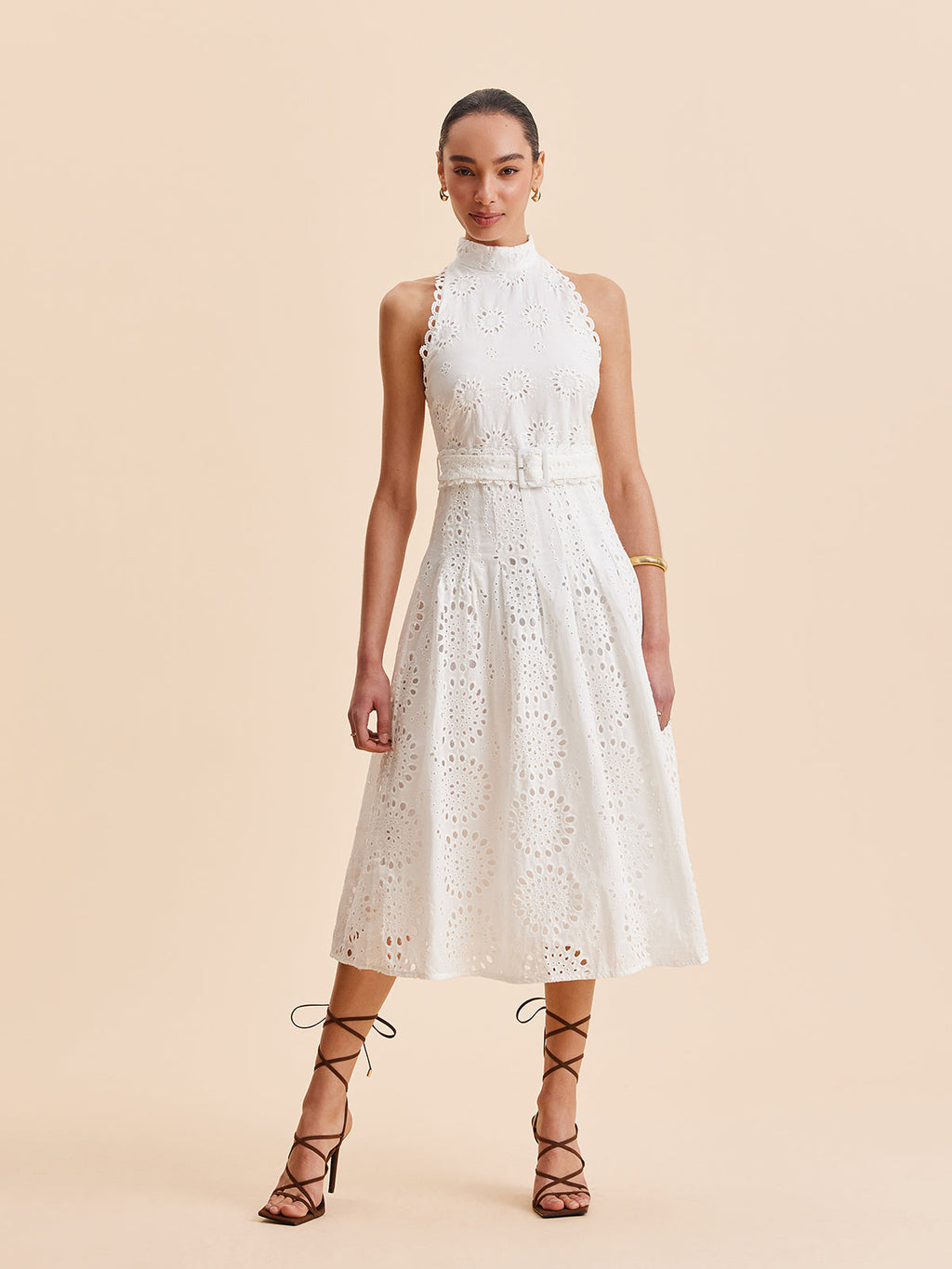 Women’s Embroidered Belted Mock Neck Maxi Dress – Cotton Blend Elegant Work & Vacation Dress