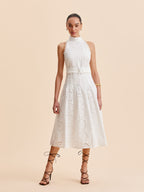 Women’s Embroidered Belted Mock Neck Maxi Dress – Cotton Blend Elegant Work & Vacation Dress