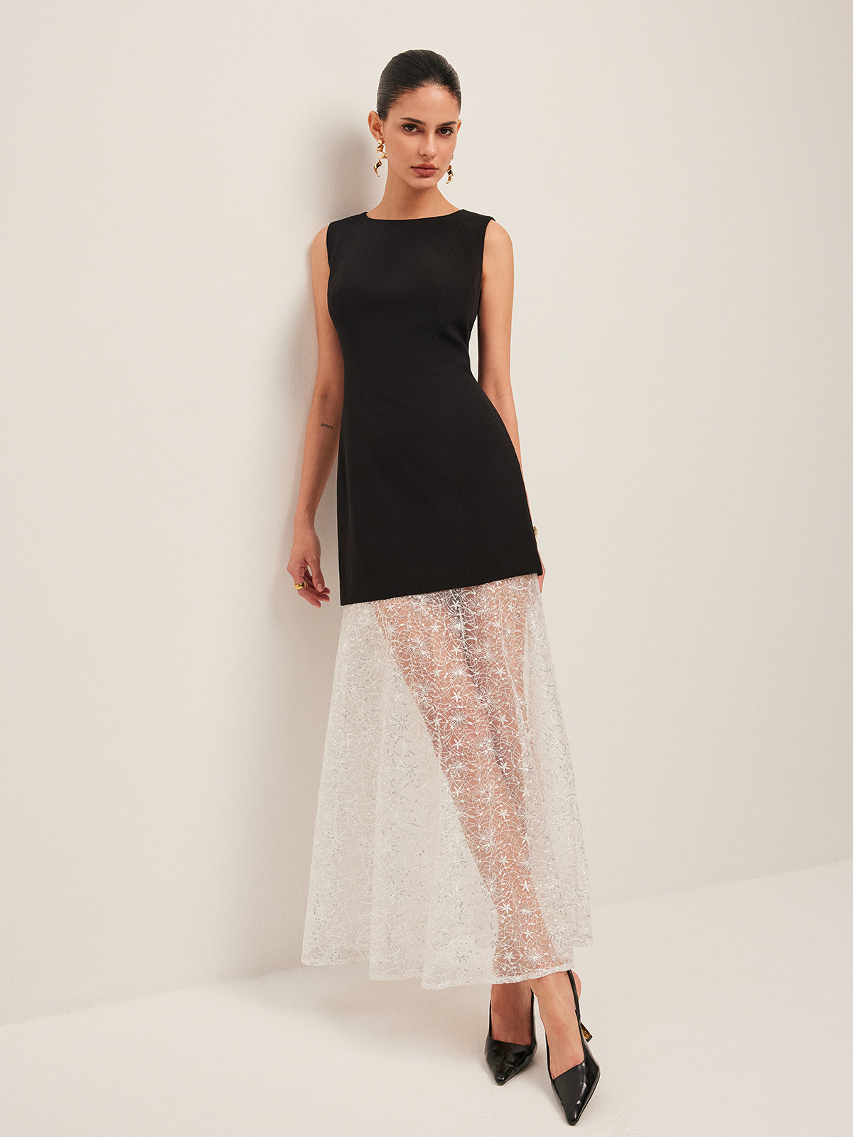 Elegant Sheer Lace Embroidered Maxi Dress – Sleeveless Crew Neck Occasion Dress