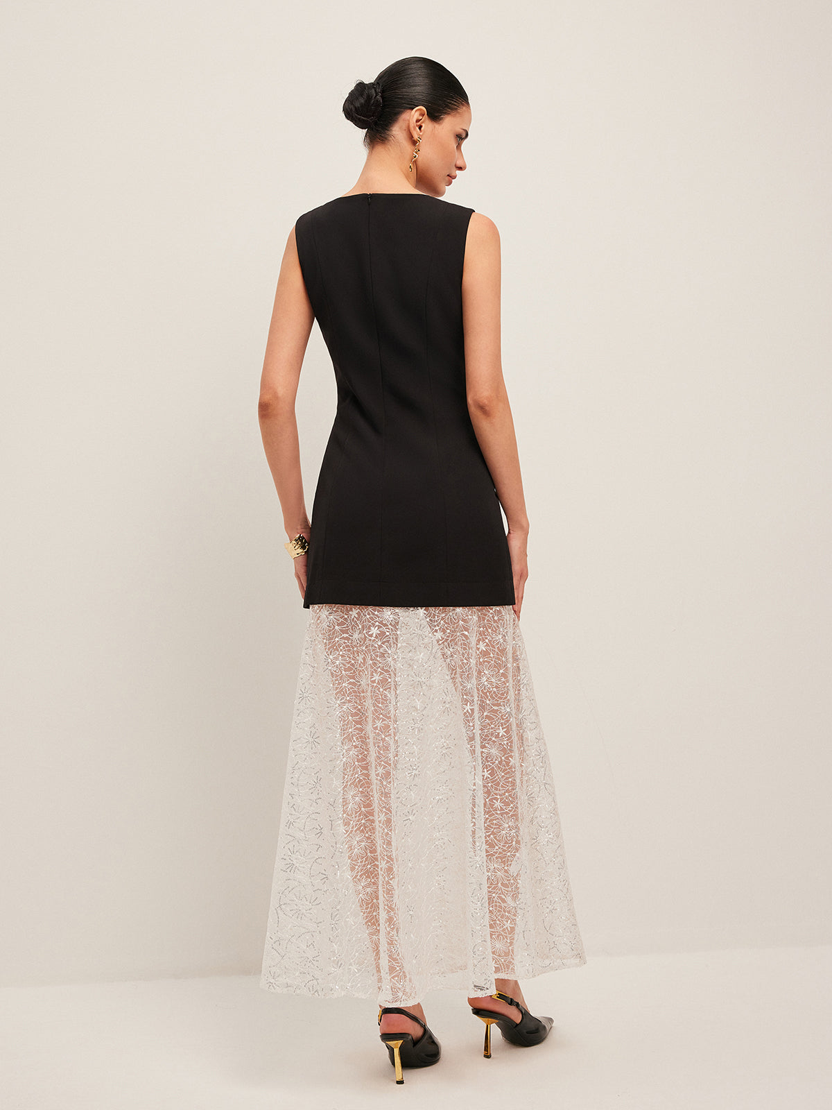 Elegant Sheer Lace Embroidered Maxi Dress – Sleeveless Crew Neck Occasion Dress