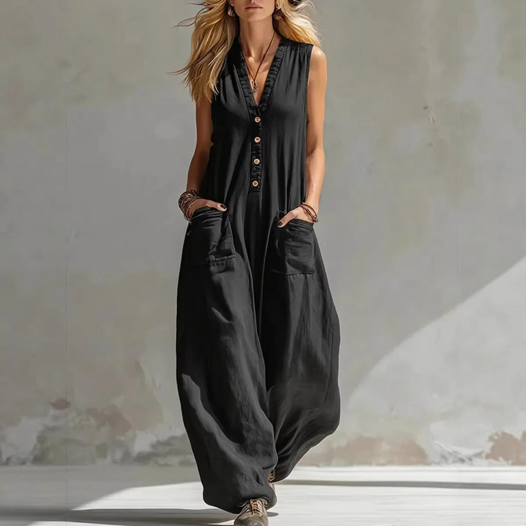 Women’s Sleeveless Linen V-Neck Jumpsuit – Casual Boho Summer Romper Playsuit Vacation Outfit