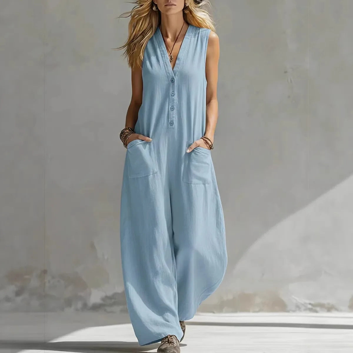 Women’s Sleeveless Linen V-Neck Jumpsuit – Casual Boho Summer Romper Playsuit Vacation Outfit