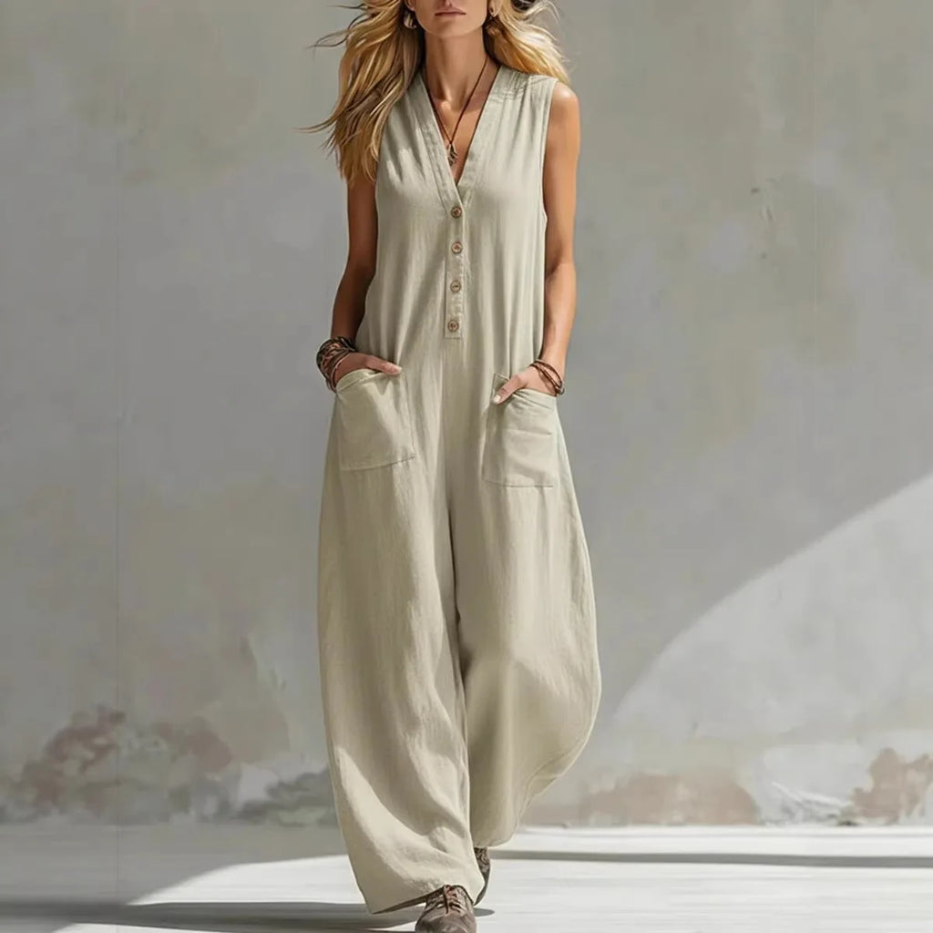 Women’s Sleeveless Linen V-Neck Jumpsuit – Casual Boho Summer Romper Playsuit Vacation Outfit