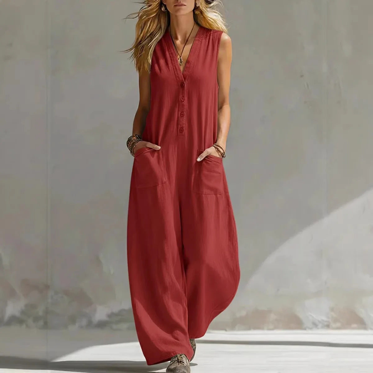 Women’s Sleeveless Linen V-Neck Jumpsuit – Casual Boho Summer Romper Playsuit Vacation Outfit