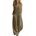 Women’s Sleeveless Linen V-Neck Jumpsuit – Casual Boho Summer Romper Playsuit Vacation Outfit