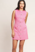 Tweed Jewel Button Sleeveless Mini Dress
