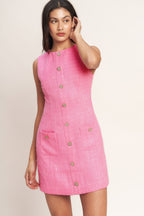 Tweed Jewel Button Sleeveless Mini Dress