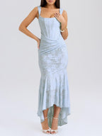 Women’s Floral Bellflower Maxi Dress – Structured Bust Ruched Waist Elegant Romantic Gown