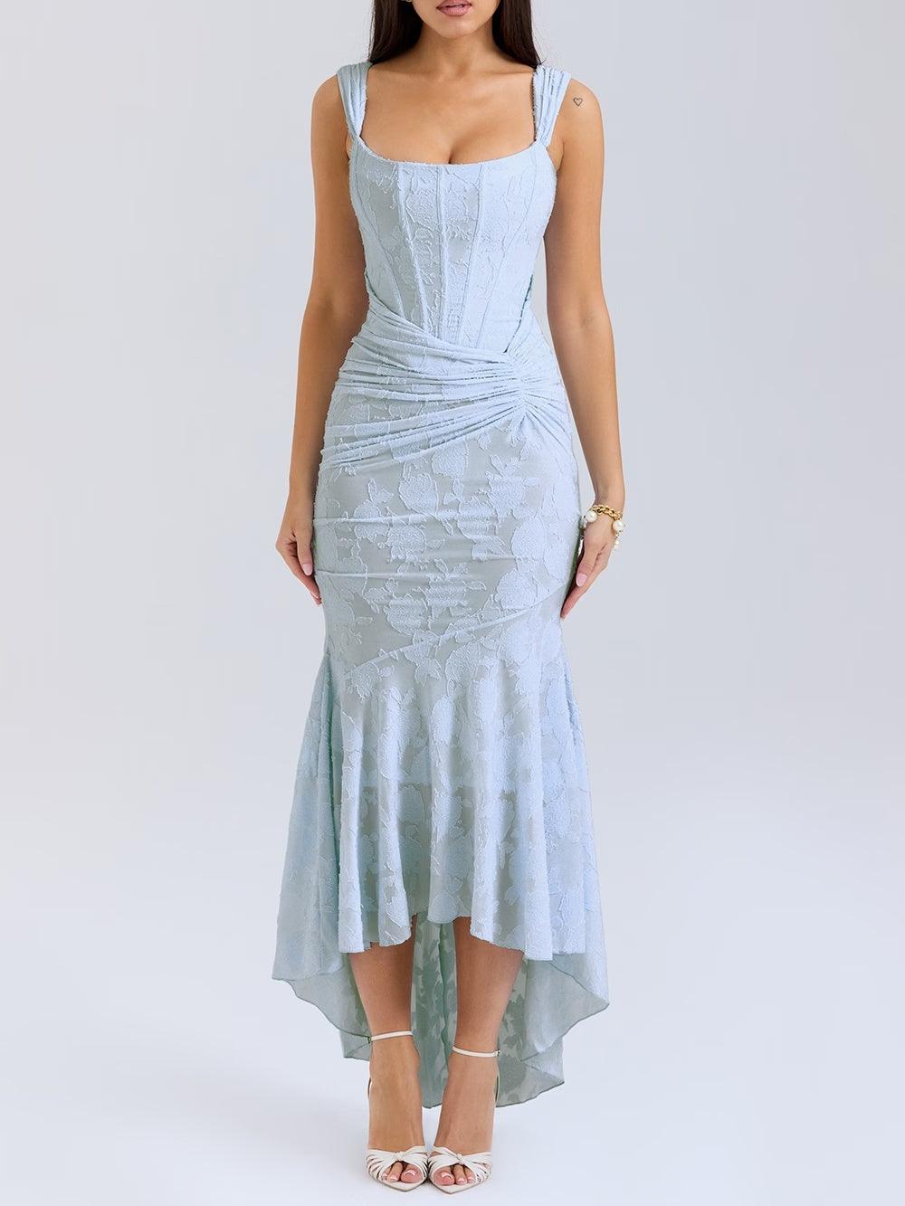 Women’s Floral Bellflower Maxi Dress – Structured Bust Ruched Waist Elegant Romantic Gown
