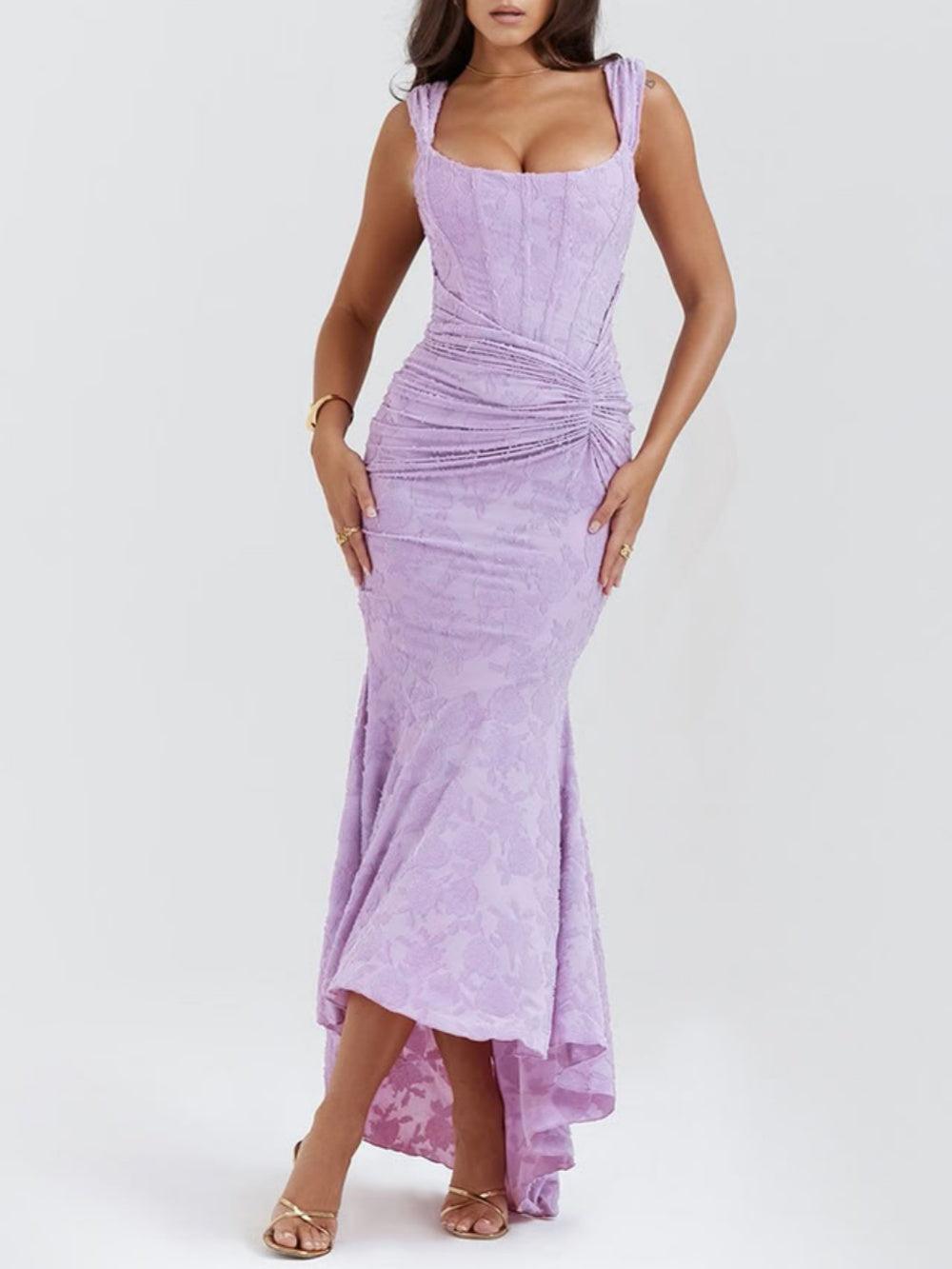 Women’s Floral Bellflower Maxi Dress – Structured Bust Ruched Waist Elegant Romantic Gown