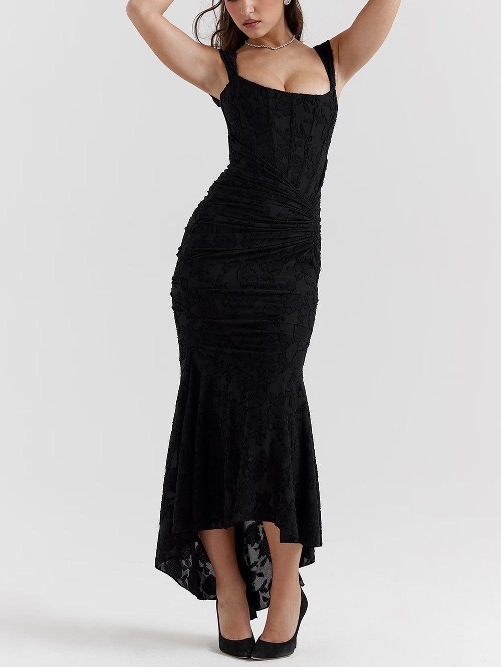 Women’s Floral Bellflower Maxi Dress – Structured Bust Ruched Waist Elegant Romantic Gown
