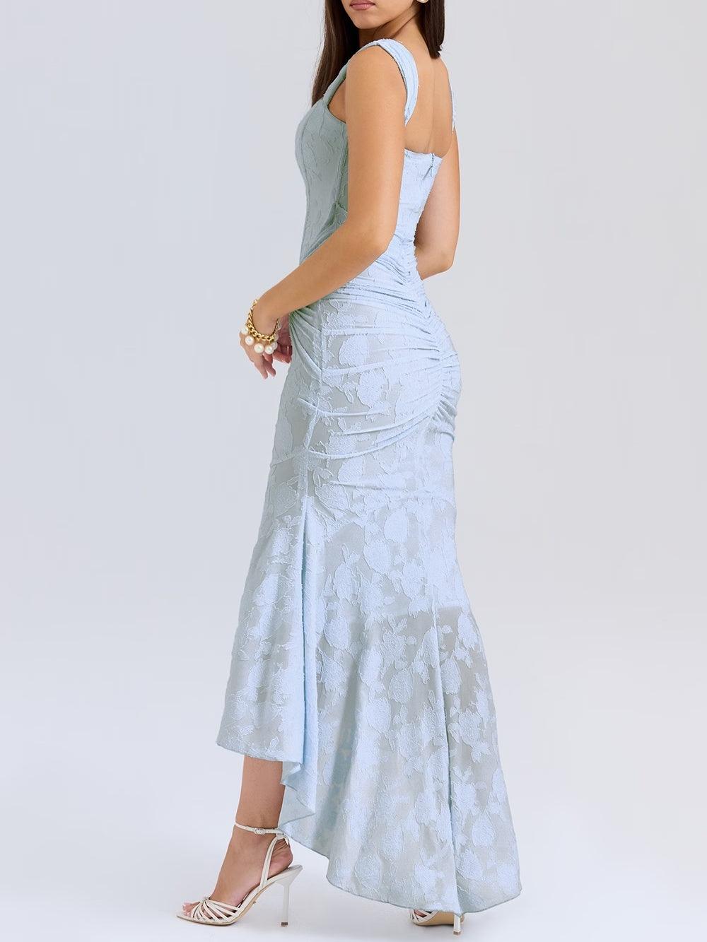 Women’s Floral Bellflower Maxi Dress – Structured Bust Ruched Waist Elegant Romantic Gown