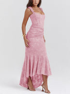 Women’s Floral Bellflower Maxi Dress – Structured Bust Ruched Waist Elegant Romantic Gown